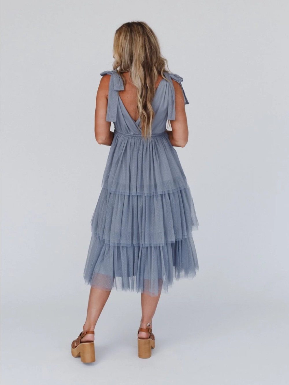Three Bird Nest Dusty Blue Tiered Tulle Midi Dress with Tie Straps - Picture 5 of 7
